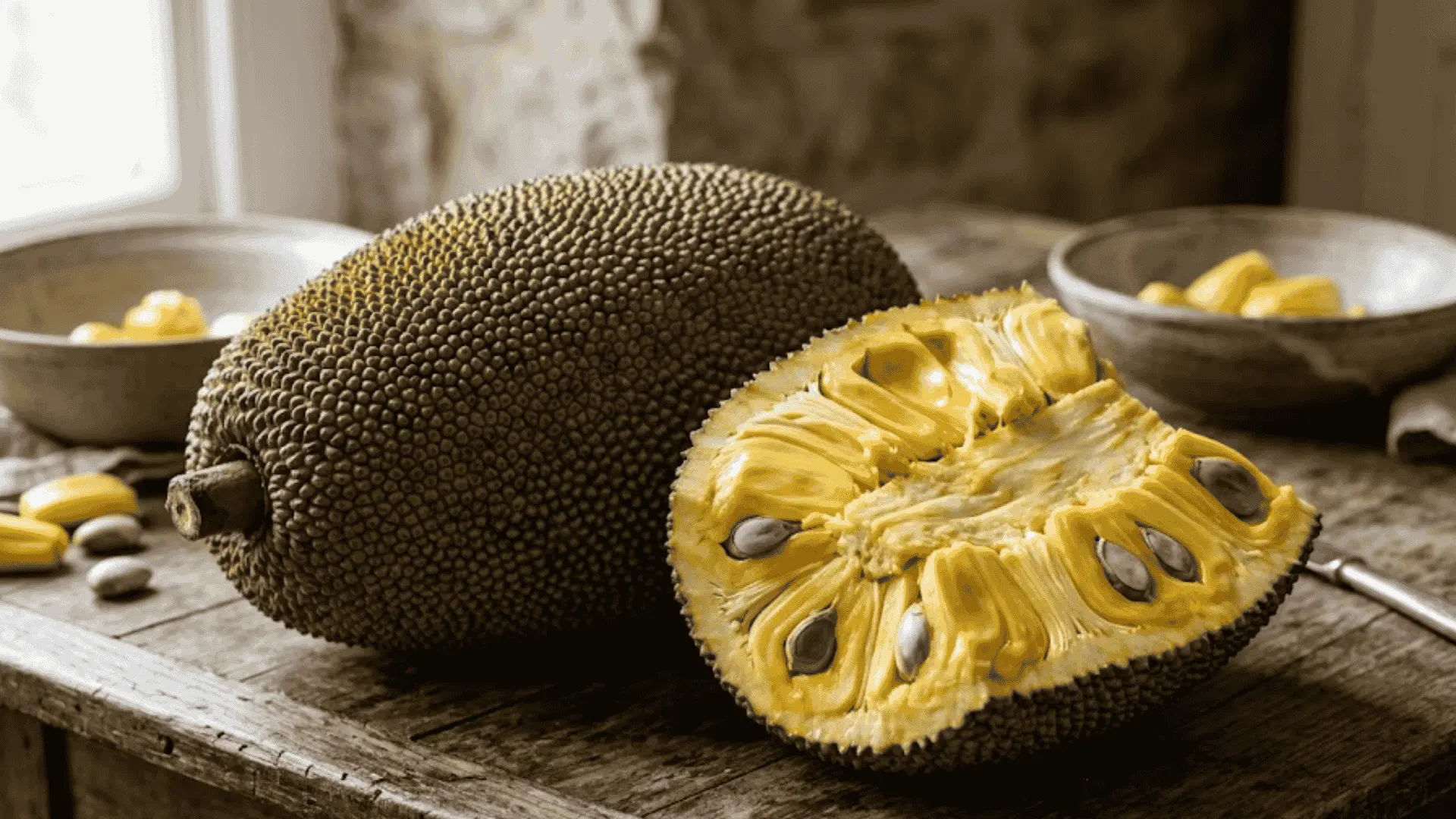 a whole jackfruit and a sliced section revealing bright yellow fibrous pulp and seeds on a wooden table