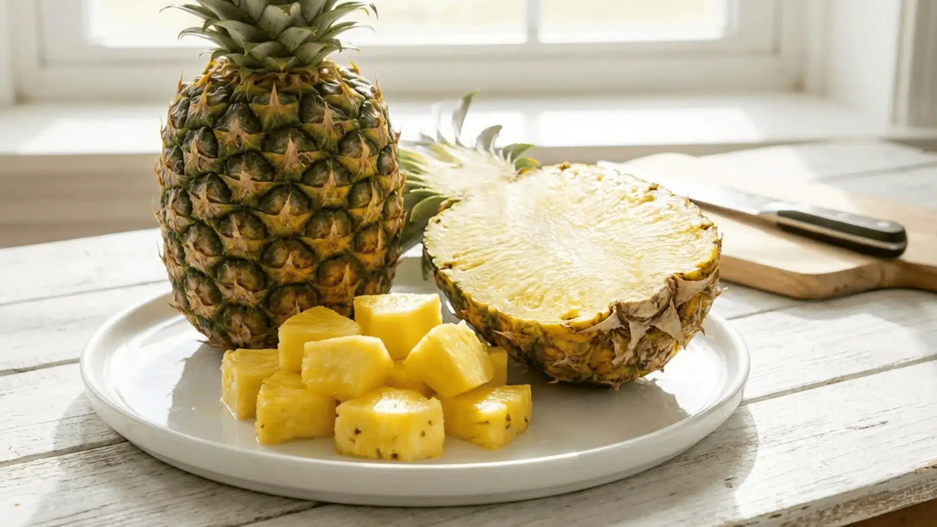 a whole pineapple next to freshly cut chunks arranged on a clean white surface in bright natural light