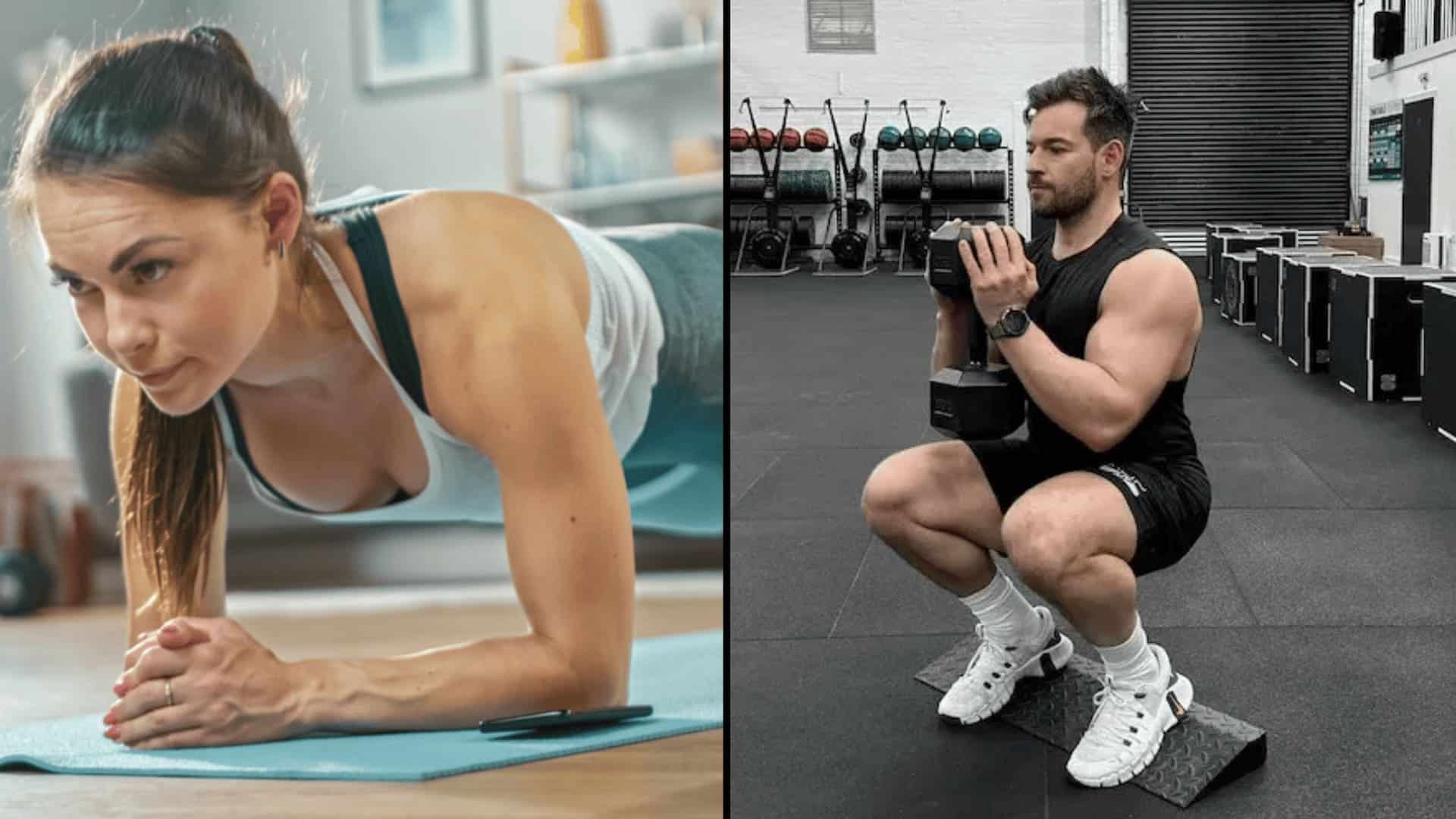 a woman doing a plank at home and a man performing a goblet squat at the gym for upper lower split workout