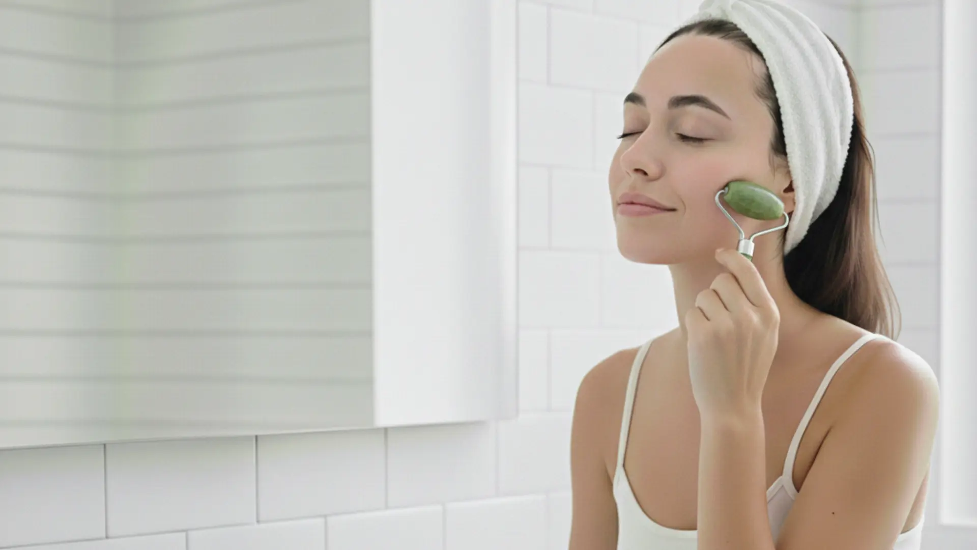 a woman in a white headband uses a green jade roller on her cheek in a bright, modern bathroom for a facial massage