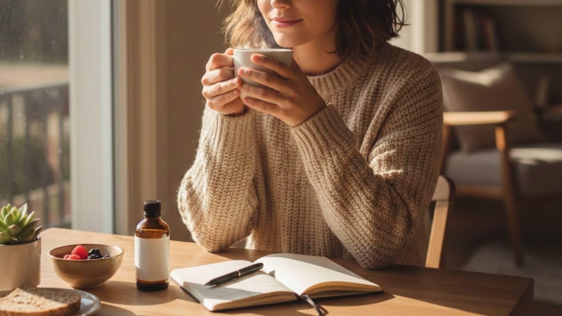 a woman sips coffee at a sunny table with an open notebook and a small bottle of ashwagandha supplements