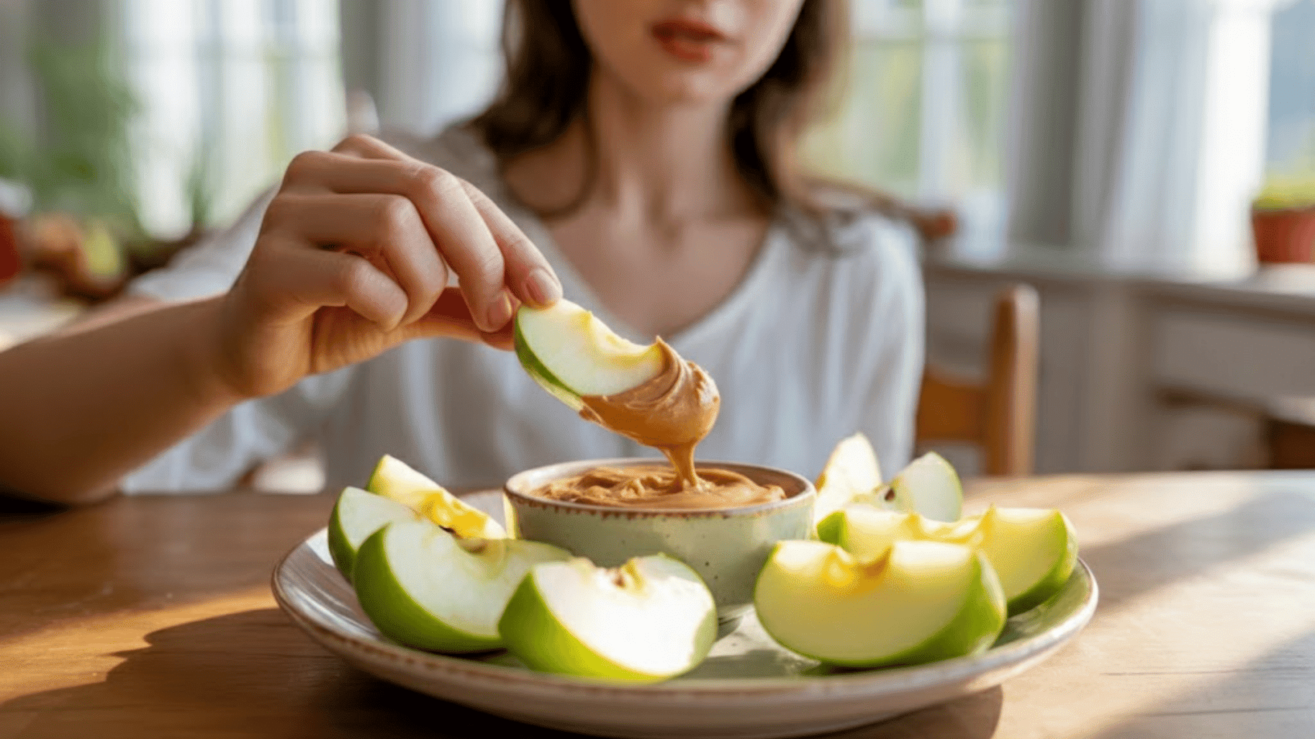 a woman sitting at a table dipping an apple slice into a small bowl of peanut butter on a plate with more apple slices
