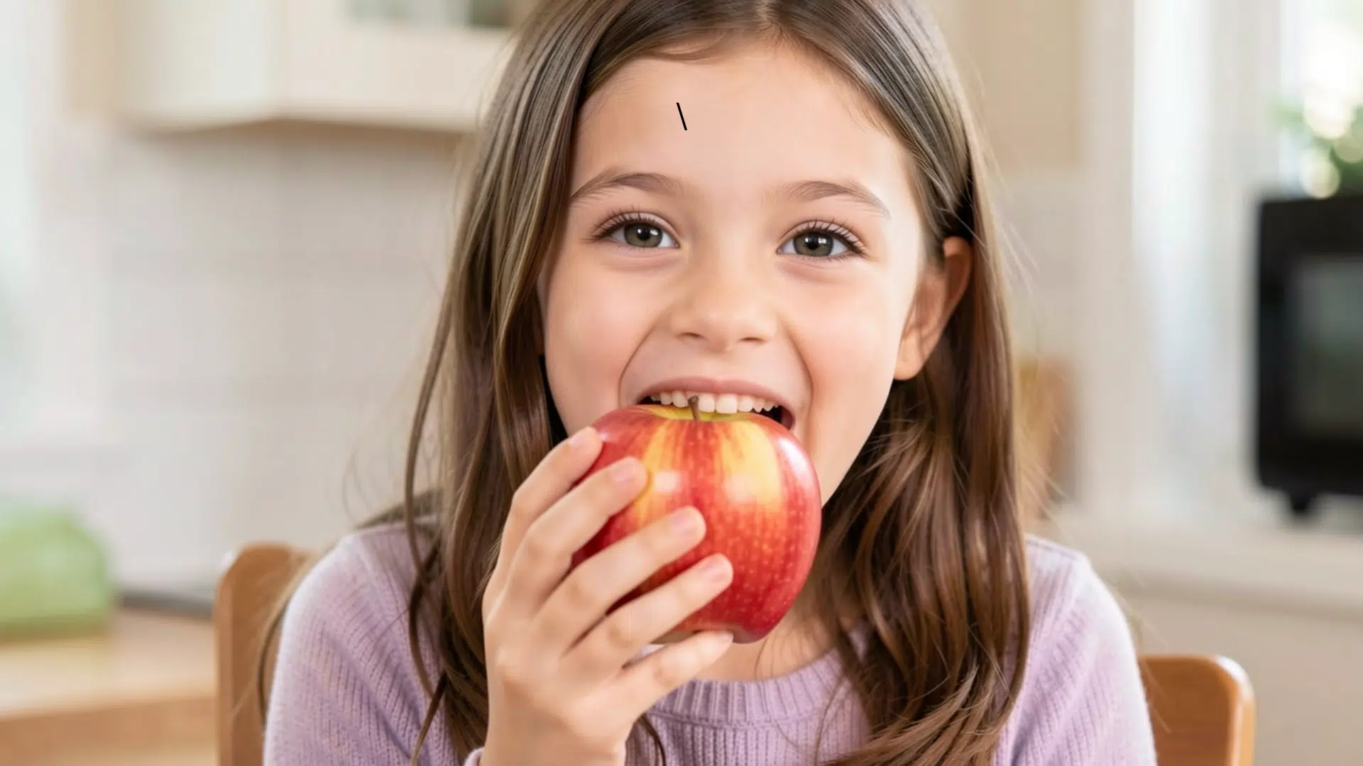 a young girl with long hair smiles while taking a large bite out of a fresh red and green apple