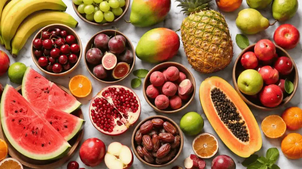 a flat lay of bananas grapes mangoes pineapple apples cherries figs watermelon pomegranate and papaya on white marble