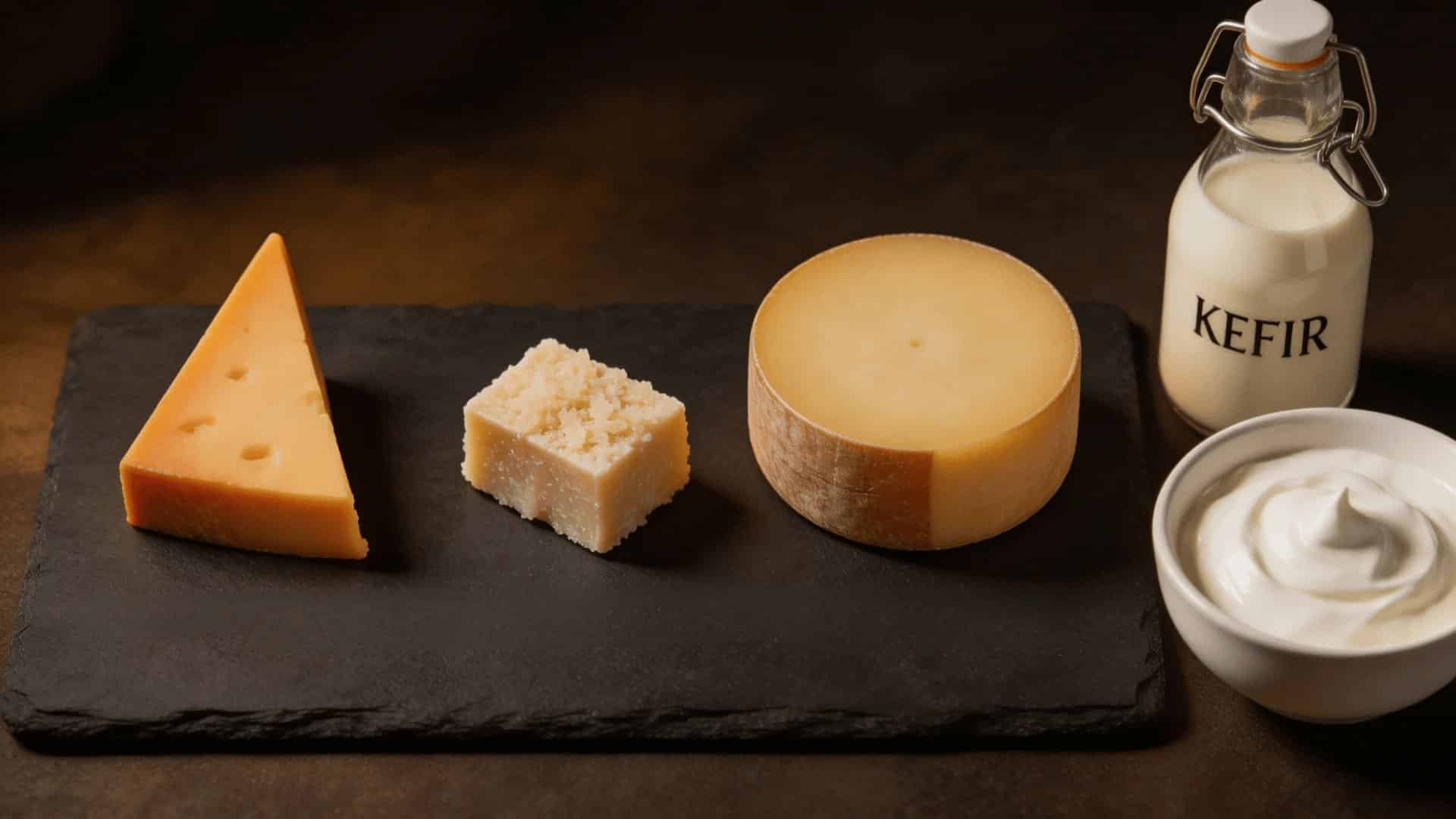 aged cheddar, parmesan, gouda cheese, yogurt, and kefir marked as high histamine foods to avoid