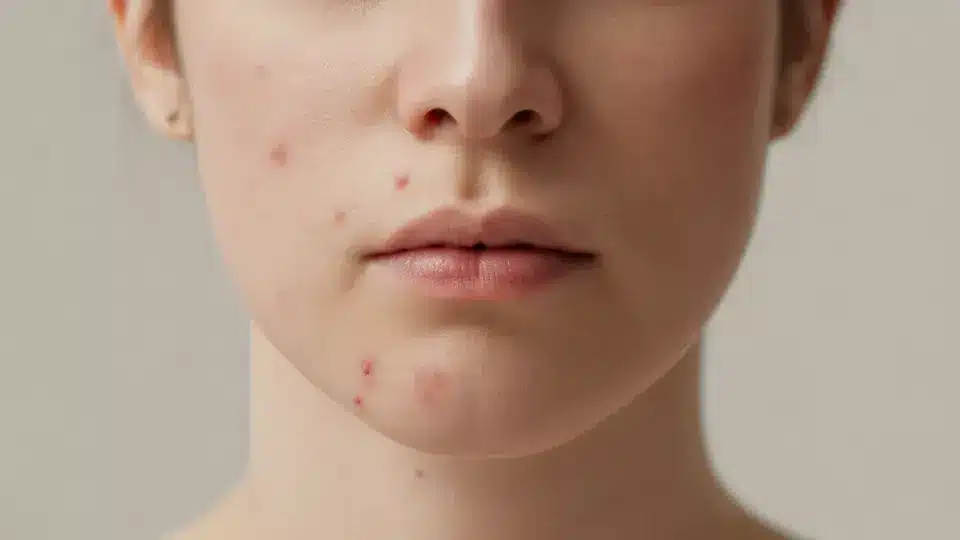 an close-up of a person's sensitive skin face red acne spots and blemishes around the mouth and chin area
