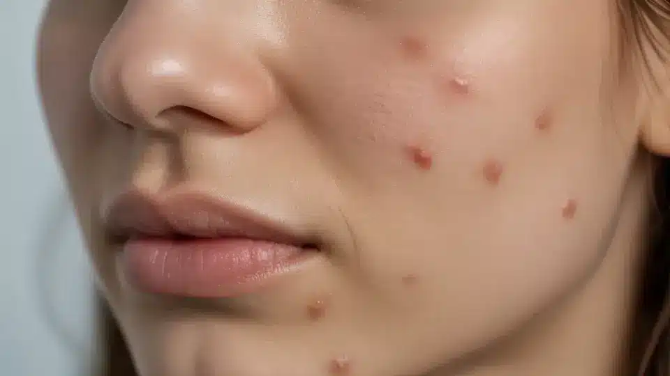 an extreme close-up of a person's face showing prominent red acne blemishes on their cheek and chin area