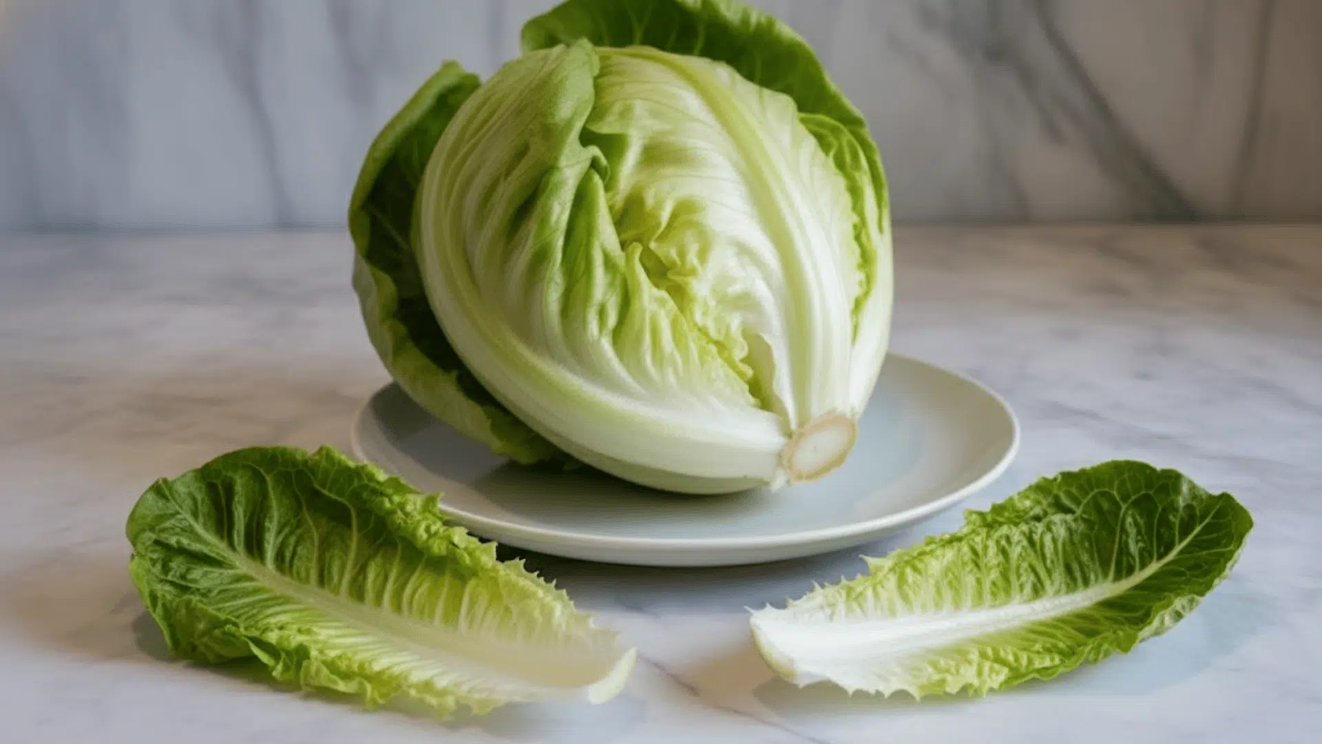 an iceberg lettuce on a plate with two torn of peices of the lettuce beside it, on a marble countertop