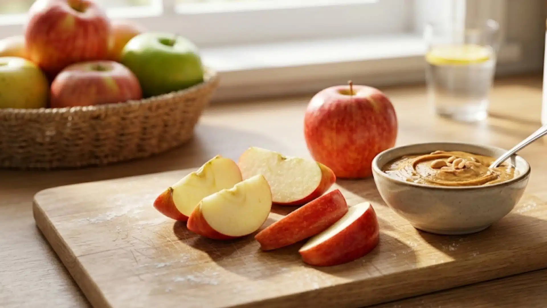 apple slices on a wooden board next to a bowl of creamy peanut butter in a sunlit kitchen