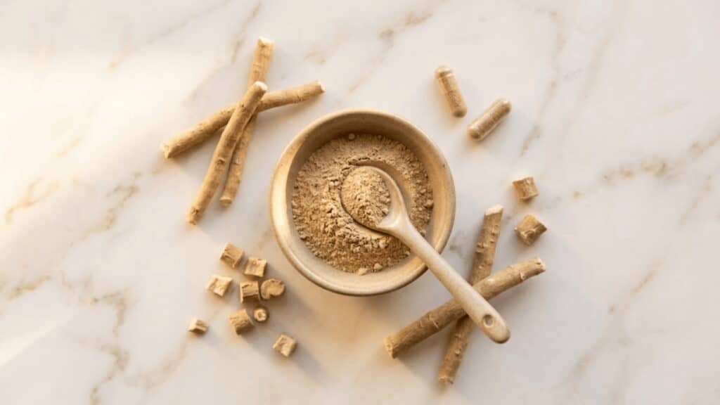 ashwagandha root pieces powder in ceramic bowl and capsules flat lay for weight loss timing guide