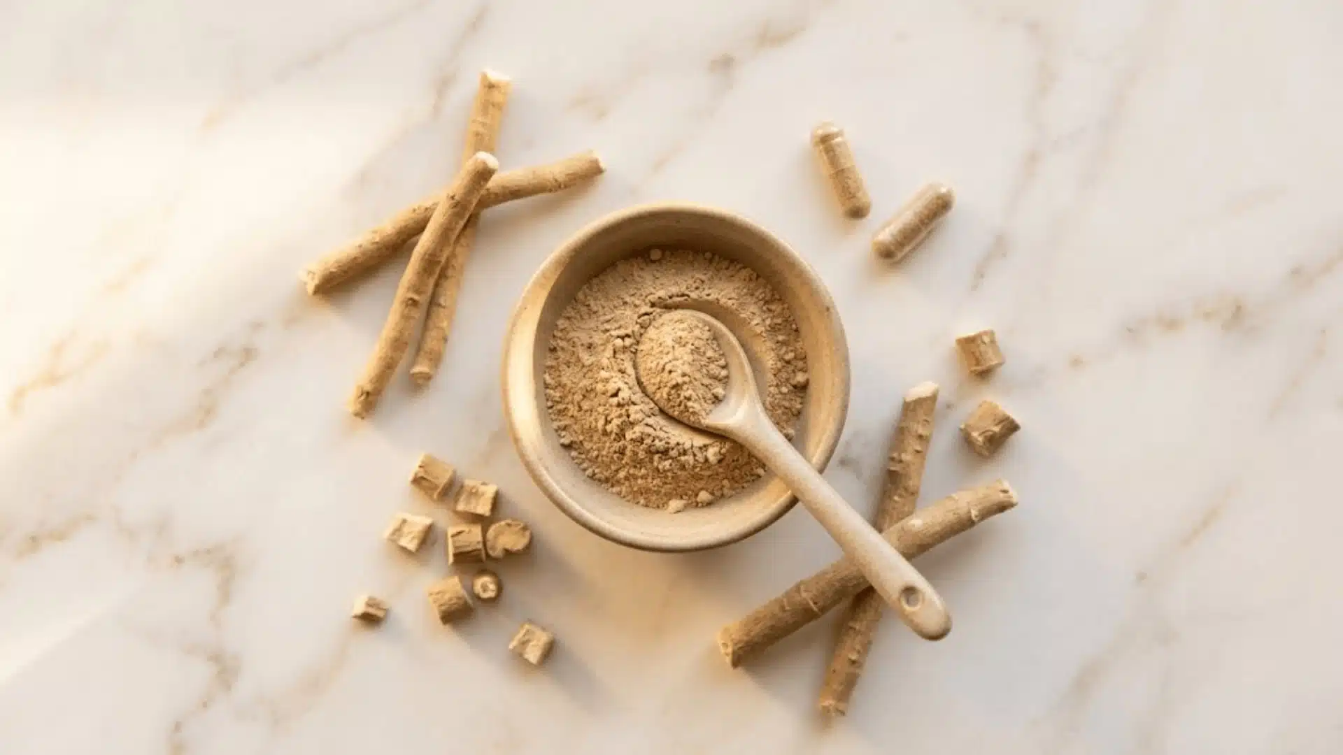ashwagandha root pieces powder in ceramic bowl and capsules flat lay for weight loss timing guide