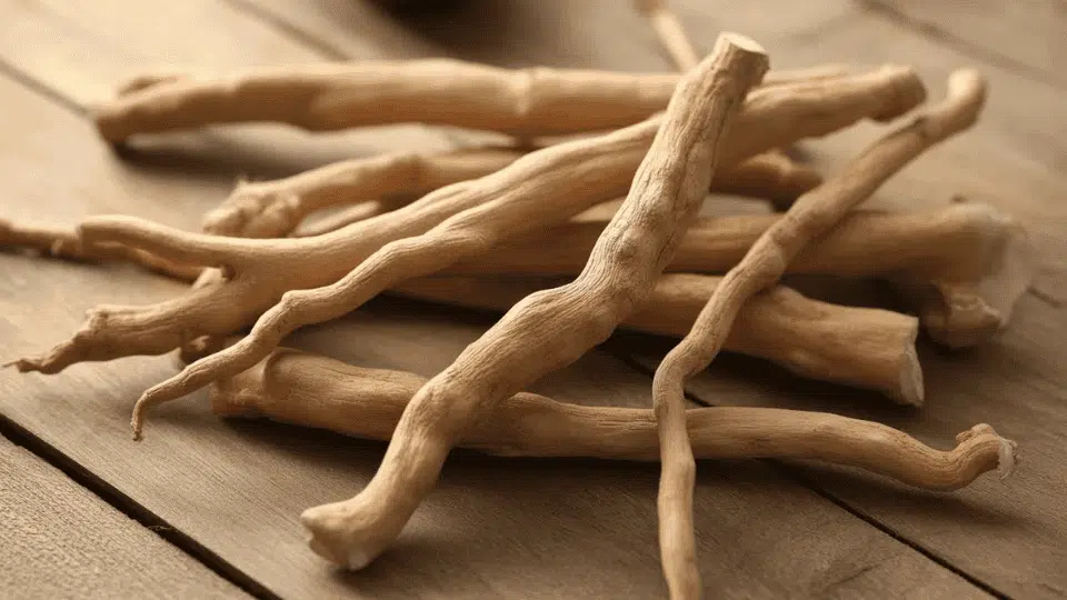 ashwagandha roots on a wooden surface, an adaptogenic herb often used to support weight loss and stress management