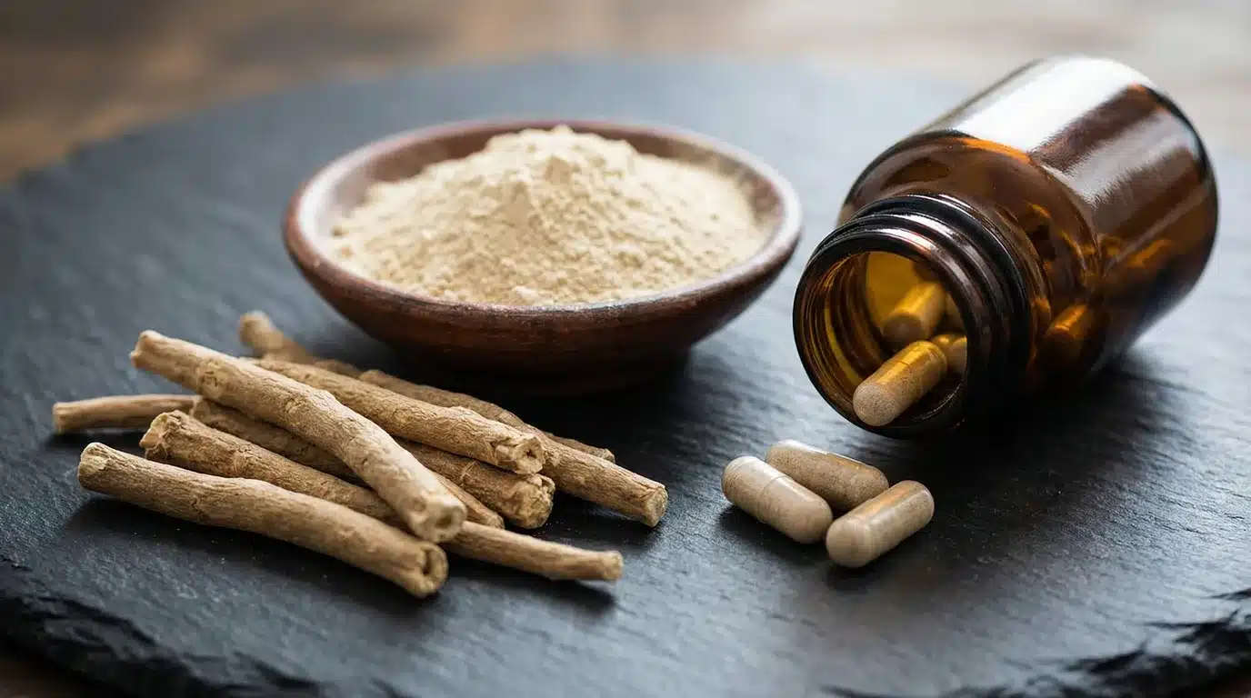 ashwagandha roots, powdered root in wooden bowl, and capsules spilling from amber supplement bottle on dark surface