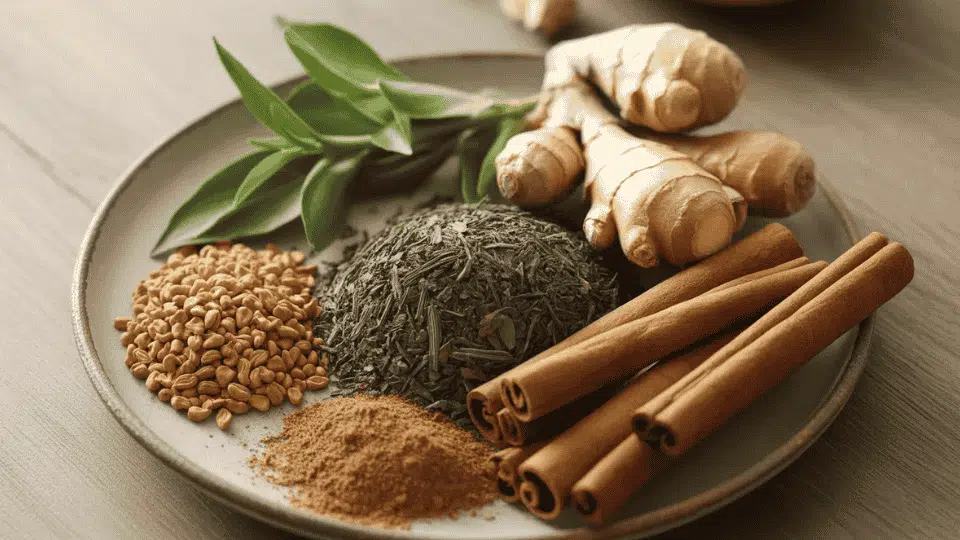 assorted weight loss herbs including ginger cinnamon fenugreek and green tea displayed together on a plate