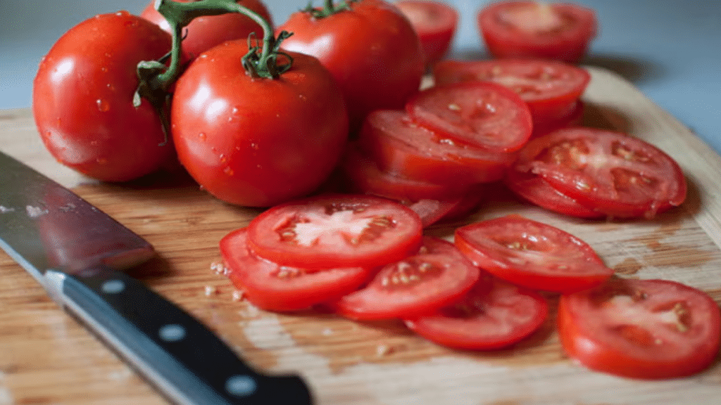 assorted whole and sliced tomatoes, including cherry and grape varieties, arranged on a wooden board with fresh basil and parsley