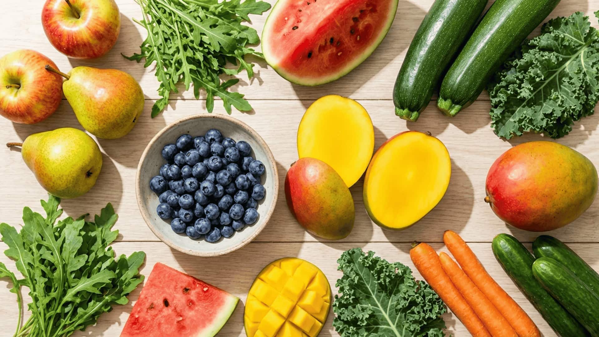 assortment of low histamine fruits and vegetables including apples, pears, watermelon, and leafy greens