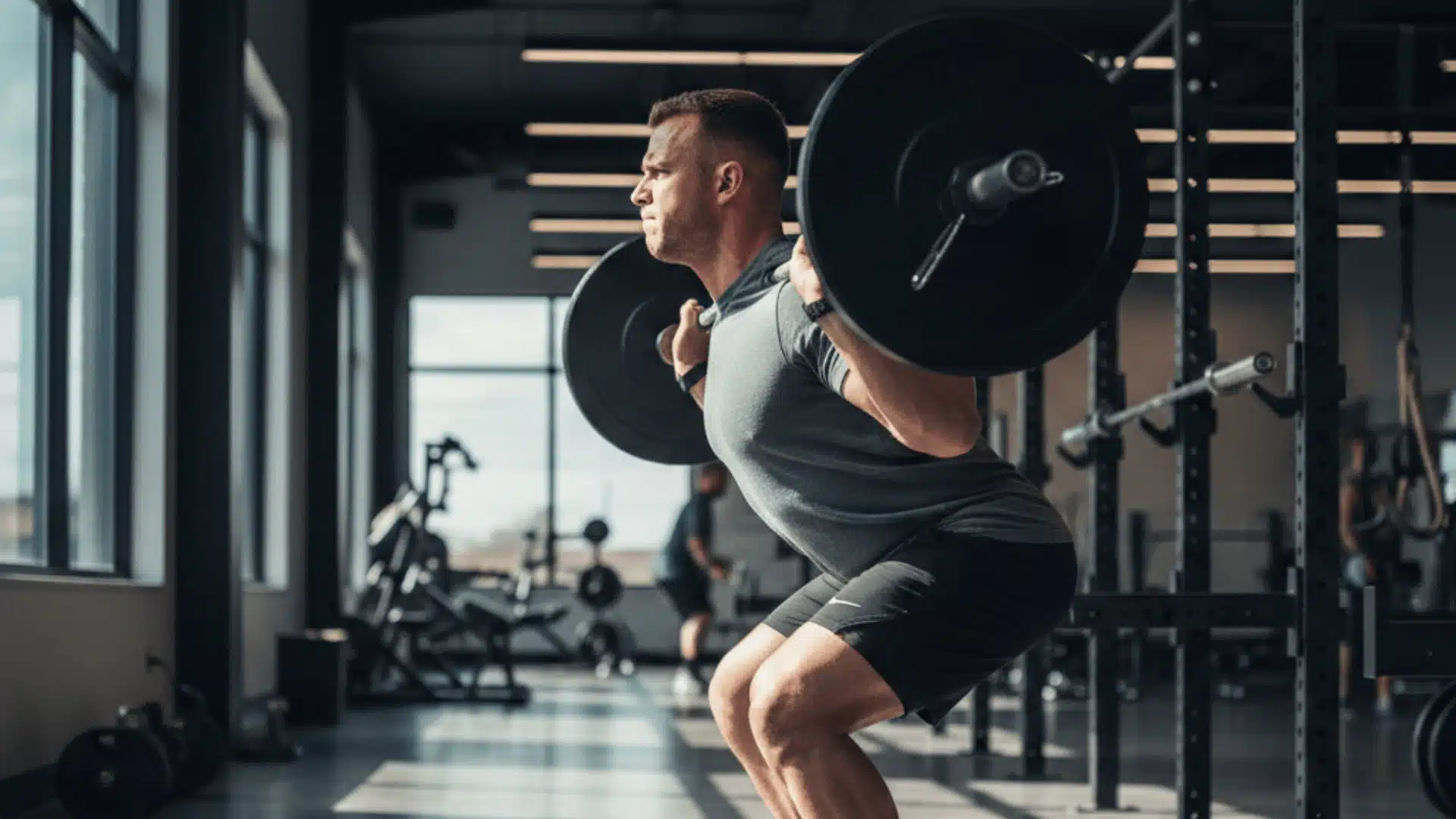 athletic person performing a heavy barbell back squat in a modern gym, side profile with natural window lighting