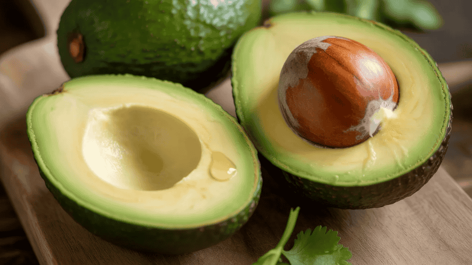 avocado cut in half on wooden board showing green flesh and large seed rich in potassium