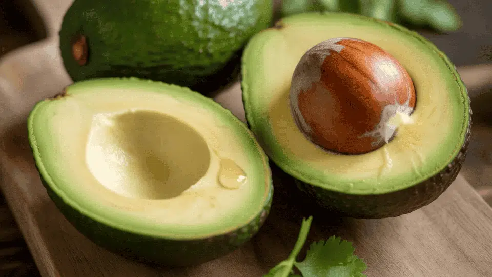 avocado cut in half on wooden board showing green flesh and large seed rich in potassium