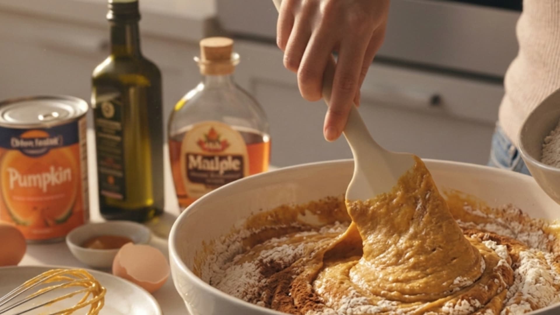baker folds dry flour into a pumpkin batter using a spatula, following the initial whisking of wet ingredients