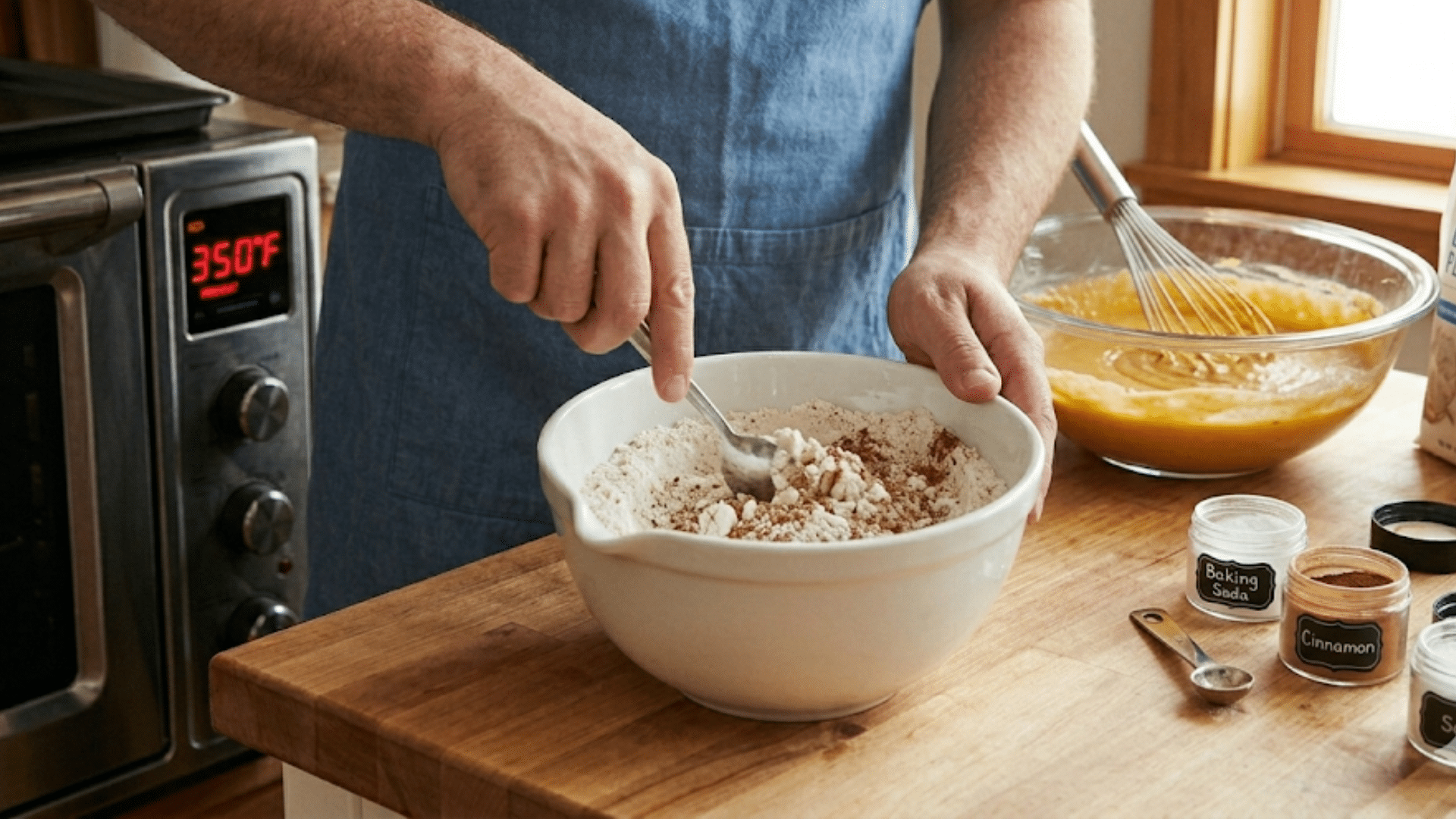 baker mixes dry ingredients (flour, cinnamon, baking soda, salt) in a white bowl with a spoon