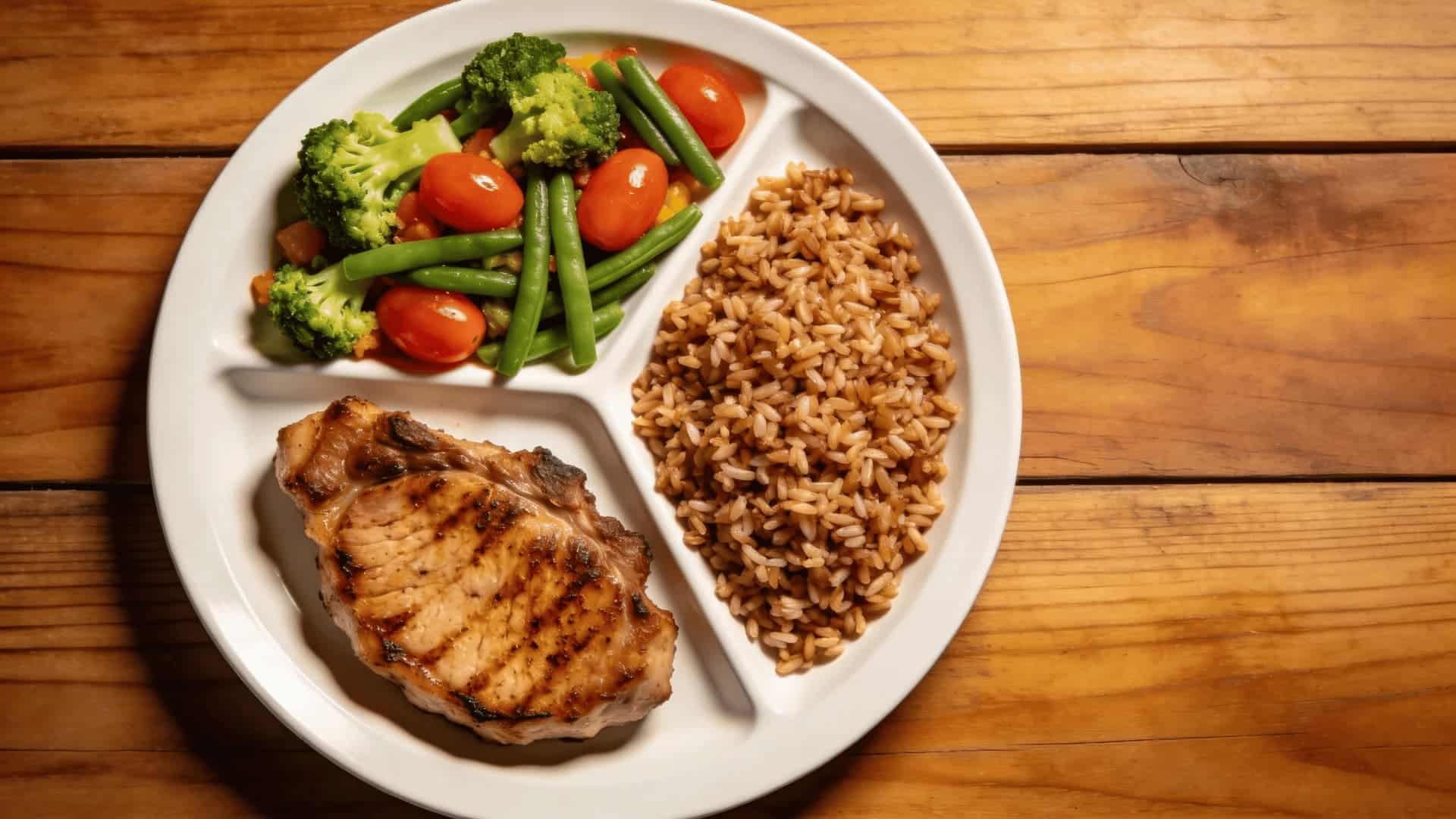 balanced dinner plate divided into portions quarter pork chop, quarter brown rice, half vegetables, overhead white plate view