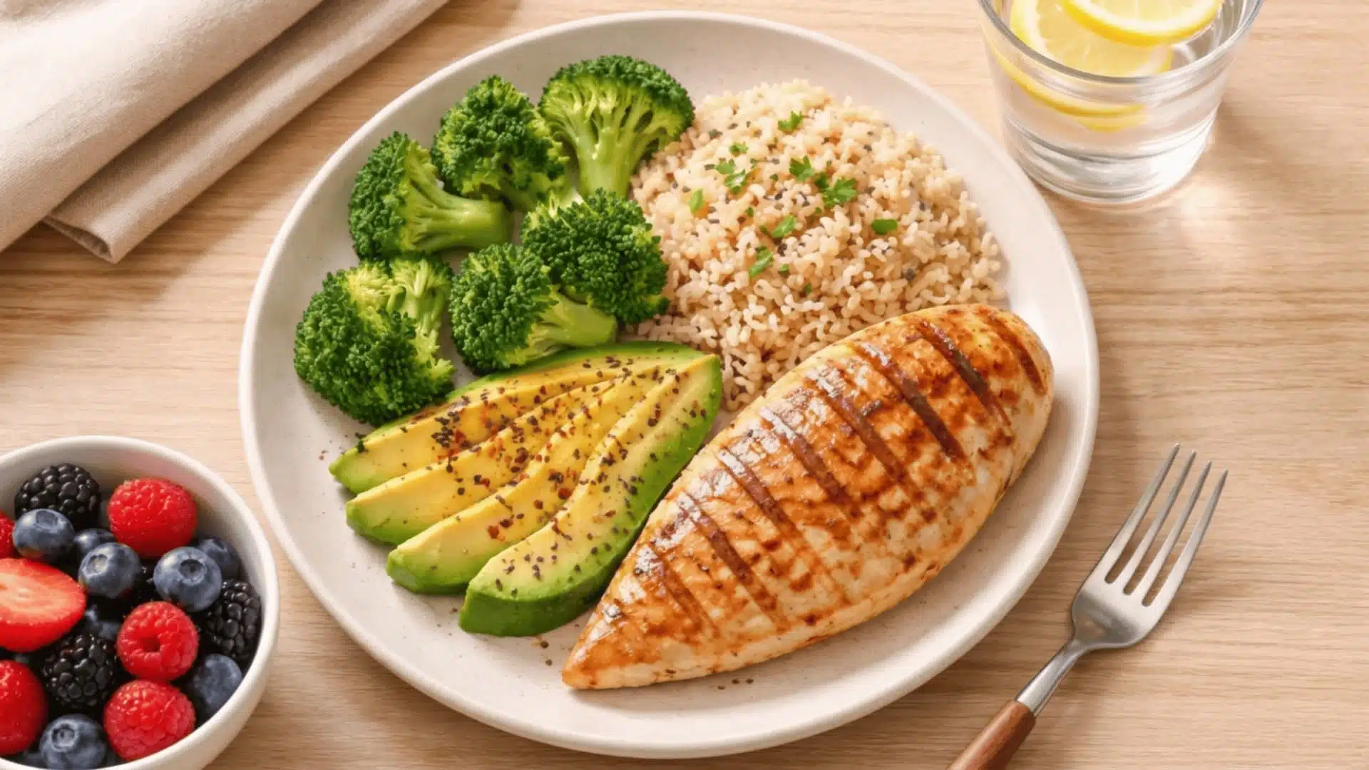 balanced plate with grilled chicken brown rice steamed vegetables and berries for post no carb diet recovery