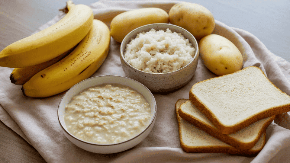 bananas, rice, oatmeal, boiled potatoes, and toast arranged on a soft beige cloth for digestive relief