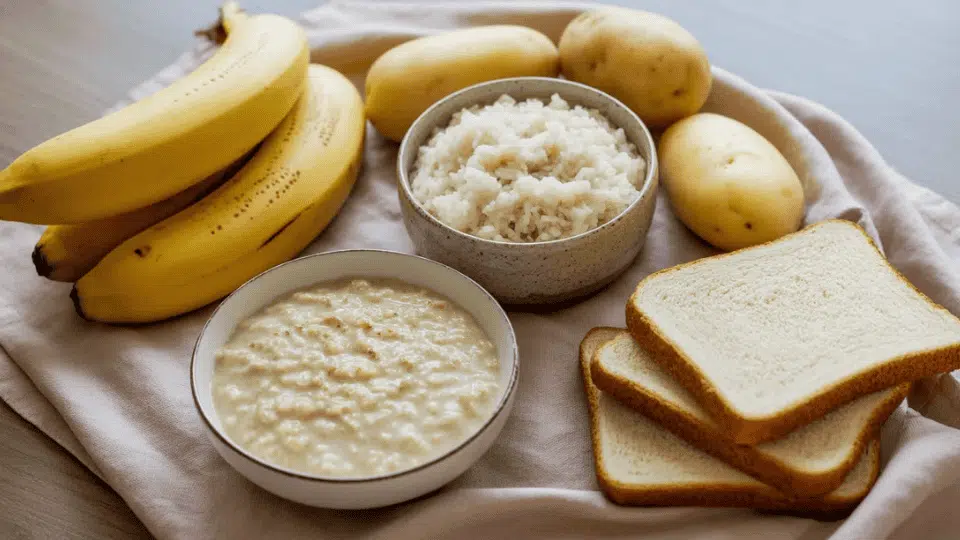 bananas, rice, oatmeal, boiled potatoes, and toast arranged on a soft beige cloth for digestive relief