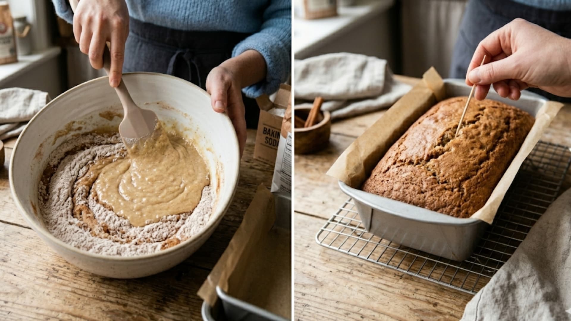batter being gently folded with a spatula and a baked loaf tested with a wooden toothpick