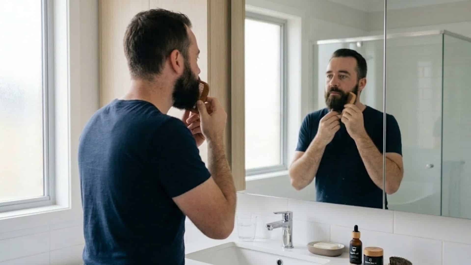 bearded man in a blue shirt uses a wooden comb, with his reflection visible in a large mirror