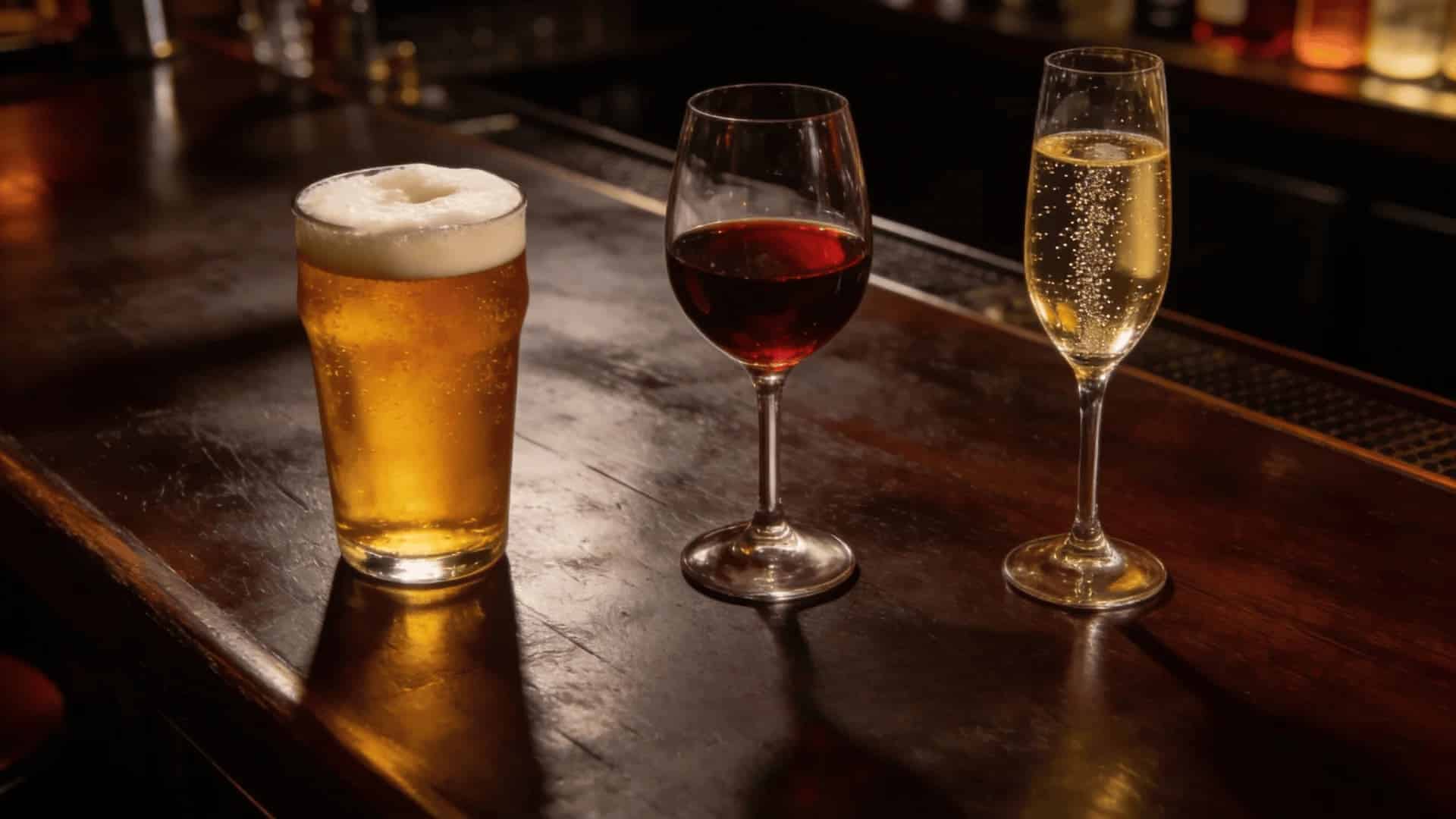 beer, wine, and champagne displayed as alcoholic beverages that trigger histamine intolerance symptoms
