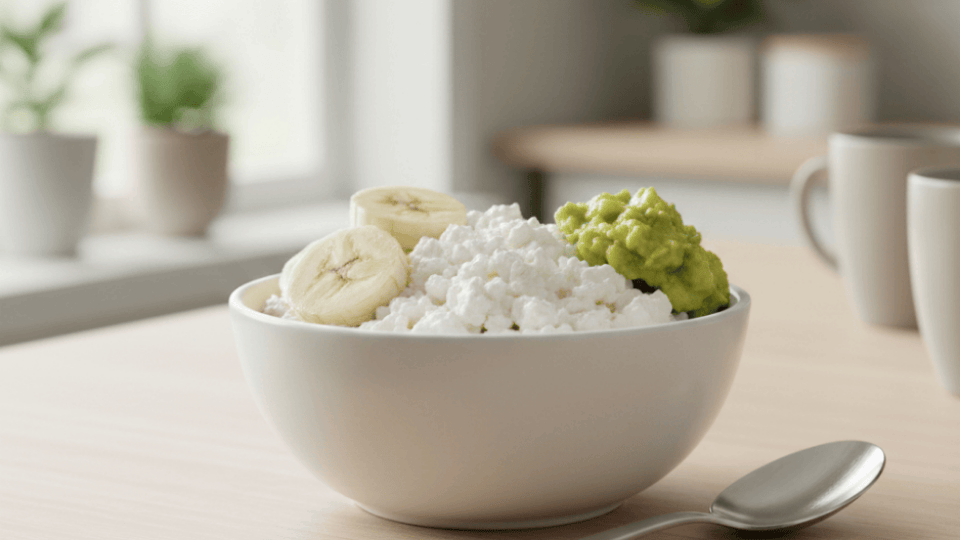 bowl of cottage cheese topped with sliced banana and mashed avocado placed on a wooden table with a spoon