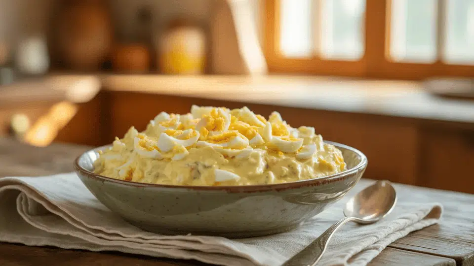 bowl of creamy egg salad topped with chopped boiled eggs, served with a spoon on a wooden table in a warm kitchen