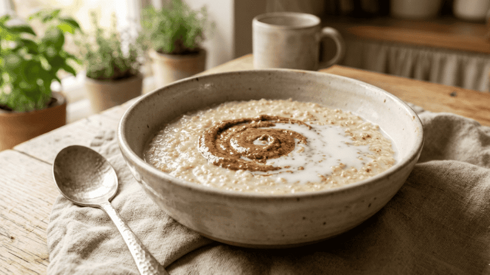 bowl of creamy quinoa porridge topped with milk and nut butter swirl on a wooden table with spoon in a cozy kitchen setting