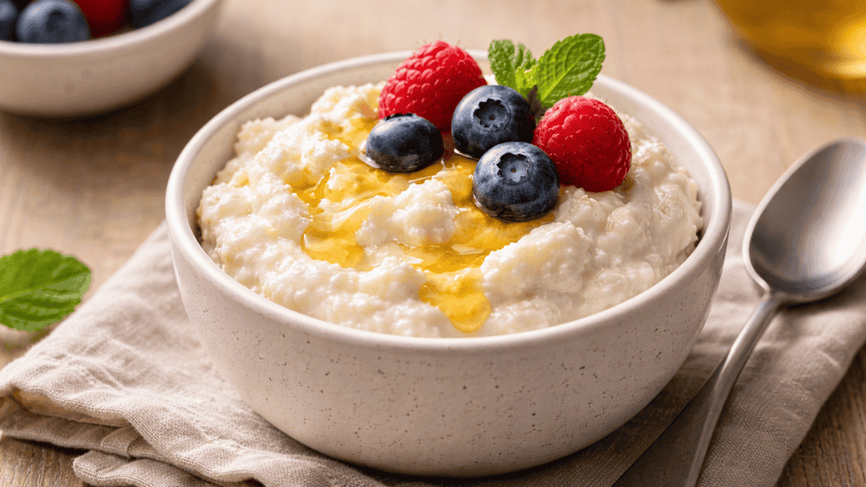 bowl of creamy ricotta cheese topped with blueberries, raspberries, honey, and mint leaves on a wooden table with a spoon