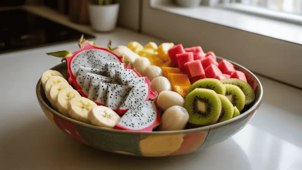 bowl of fresh tropical fruits including dragon fruit banana kiwi and watermelon showing natural sources of potassium
