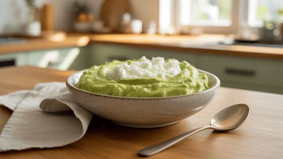 bowl of mashed avocado mixed with cottage cheese on a wooden table with a spoon, set in a bright home kitchen