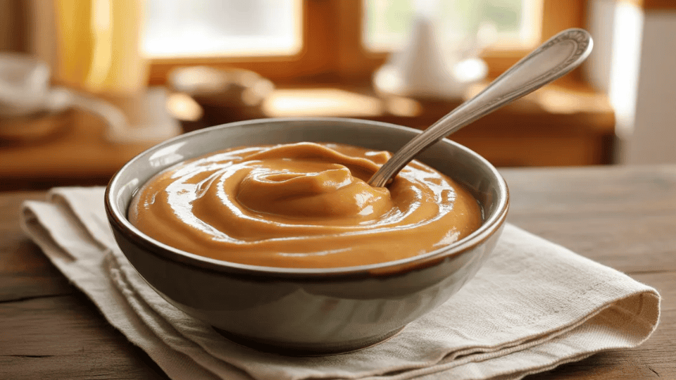 bowl of smooth creamy peanut butter with a spoon on a wooden table, soft sunlight from a kitchen window in background