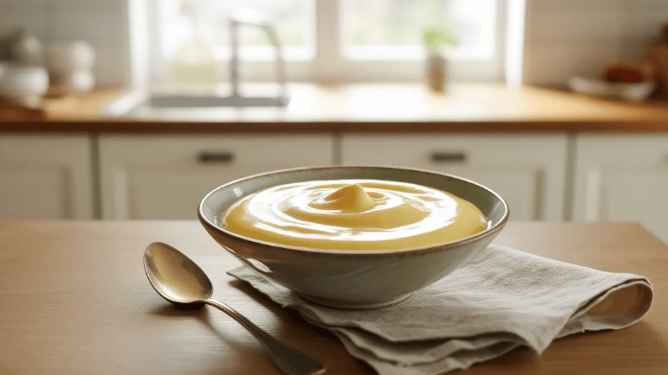 bowl of smooth vanilla custard on a kitchen table with a spoon and folded cloth, soft light from a window in background