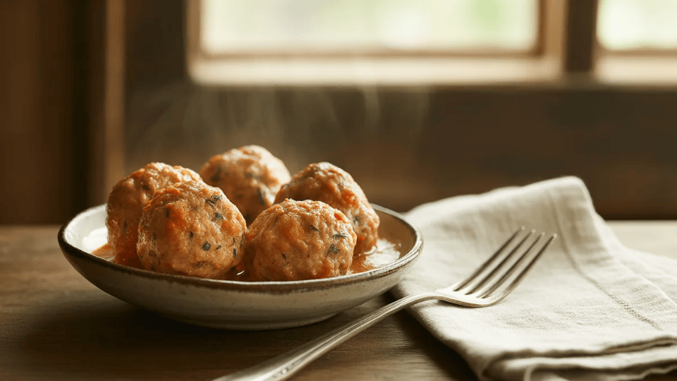 bowl of soft meatballs in light sauce on a wooden table with a fork and cloth, warm light coming through a window