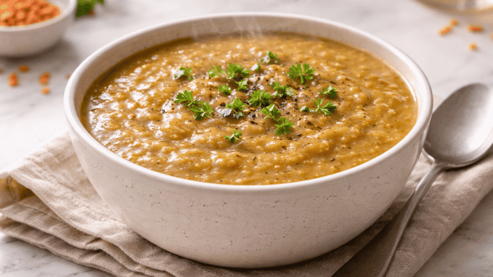 bowl of warm lentil soup with herbs on top, placed on a linen cloth with a spoon on a light marble kitchen counter