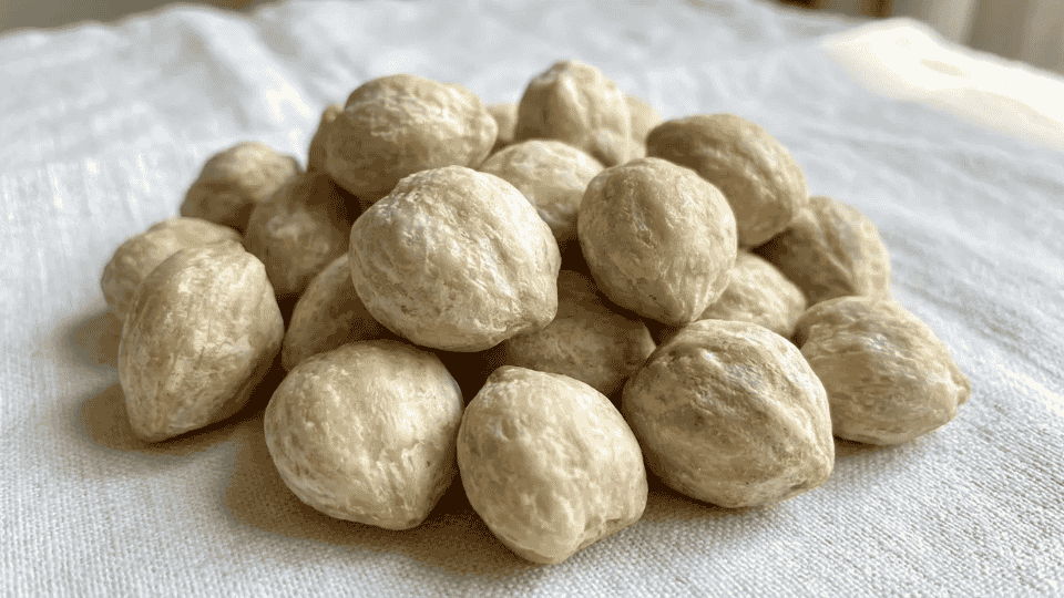 candle nuts on white cloth natural candlenut seeds used in cooking rich plant based fat ingredient for healthy recipes