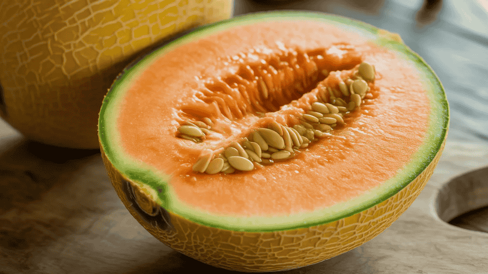 cantaloupe cut in half on wooden board showing orange flesh and seeds high in potassium for healthy fruit diet