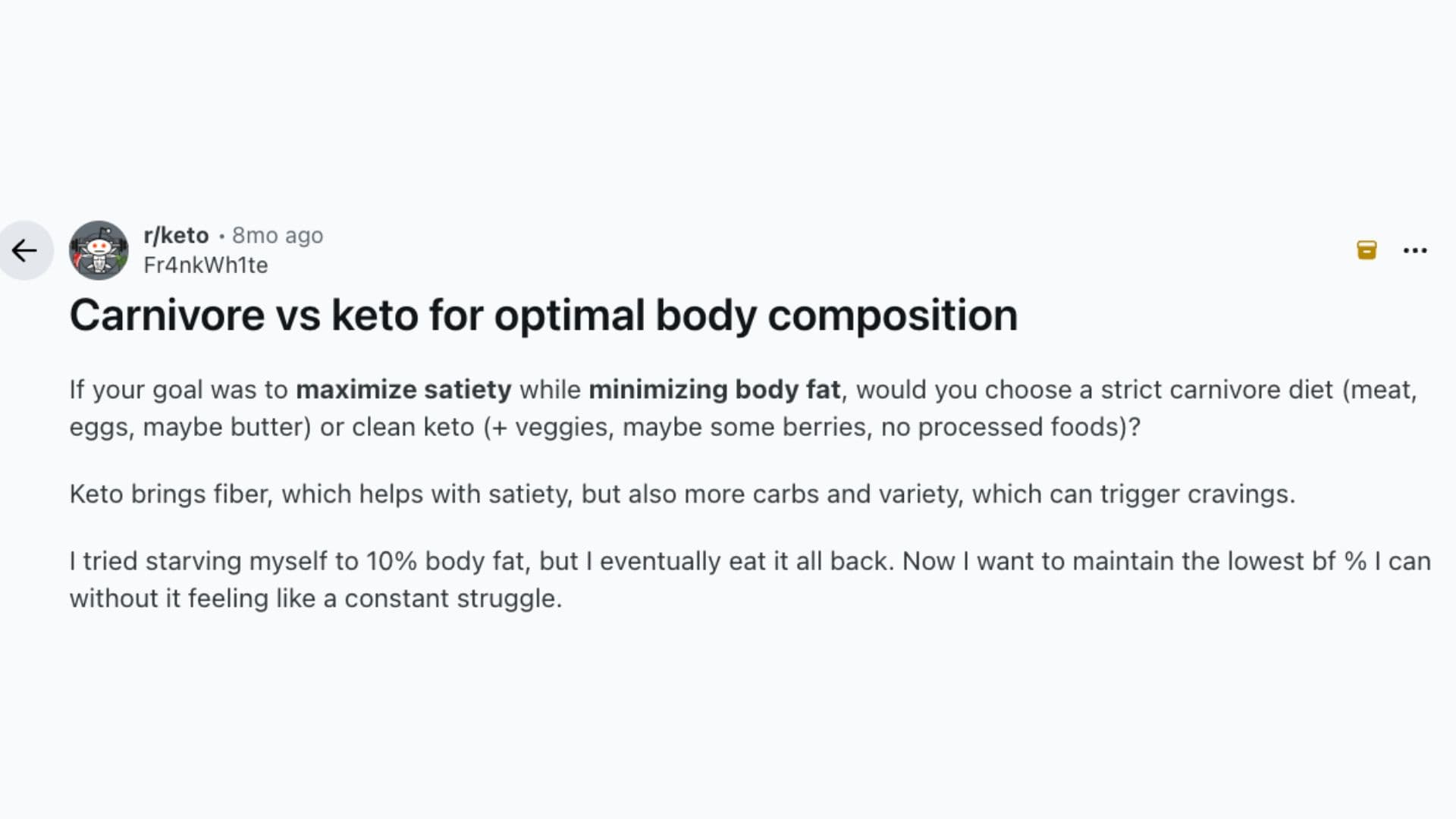 carnivore and keto diets for body composition, focusing on satiety, body fat, and managing food cravings