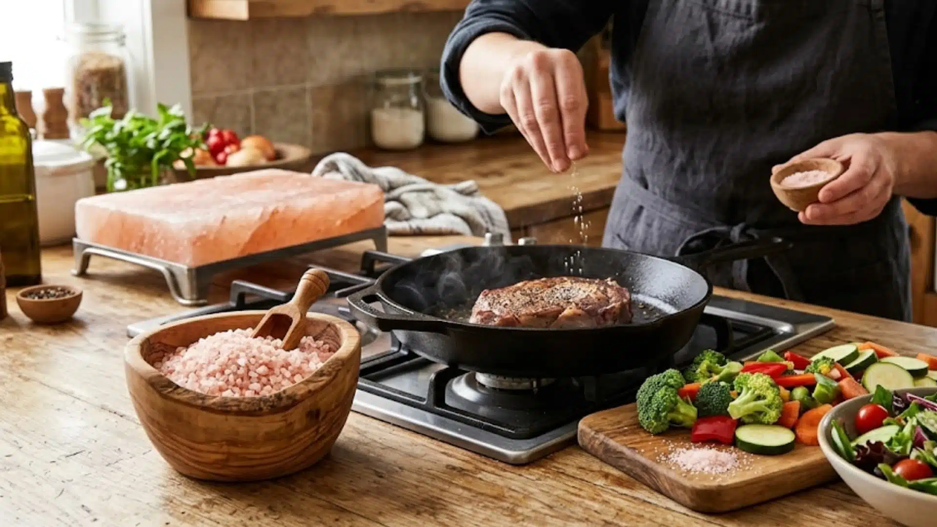 chef seasoning steak with pink Himalayan salt and salt block