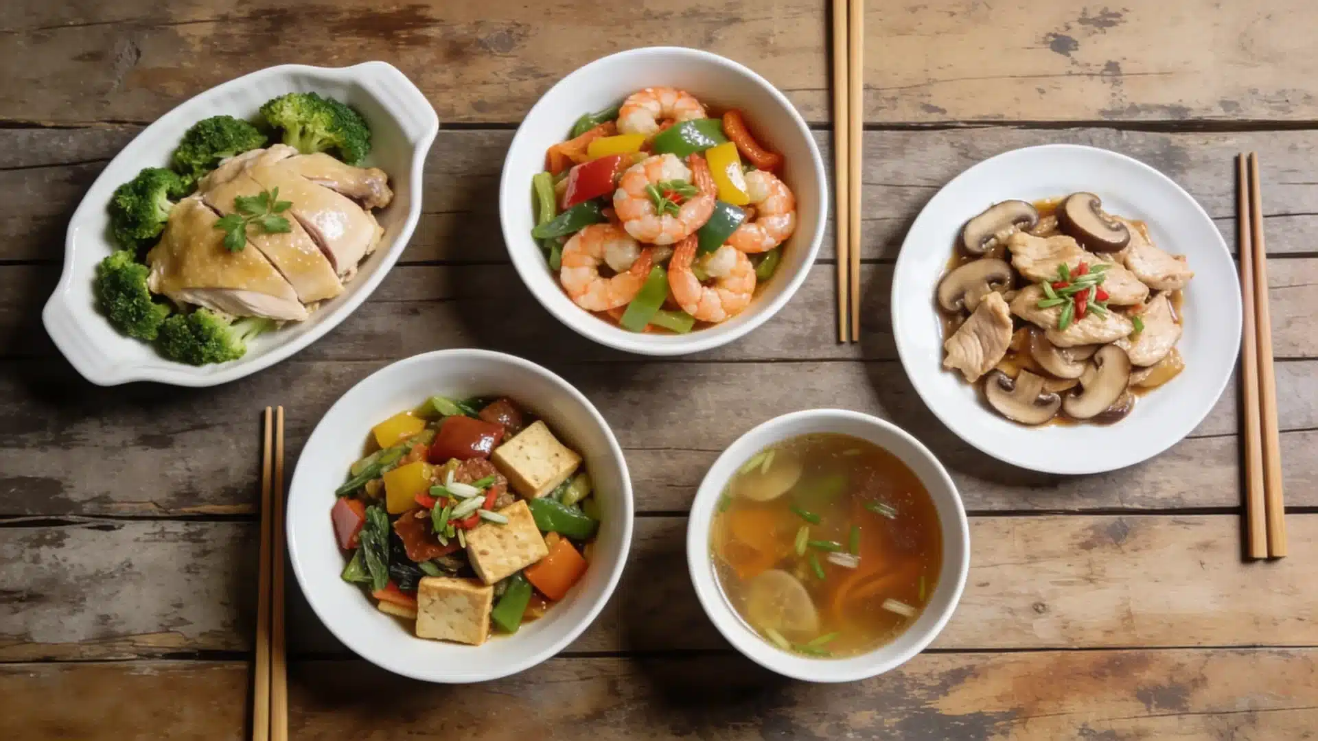 chinese takeout dishes, chicken with broccoli, shrimp vegetables, tofu stir fry, mushroom chicken, and vegetable soup