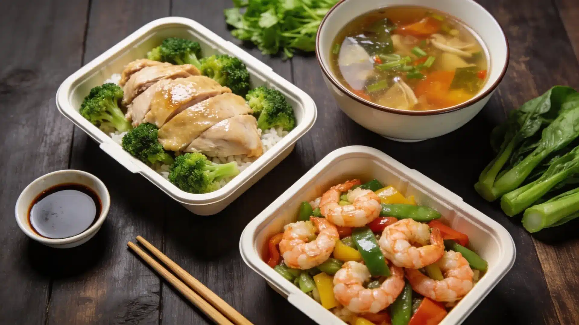chinese takeout meal with chicken broccoli, shrimp vegetables, rice, vegetable soup, soy sauce, and greens on table