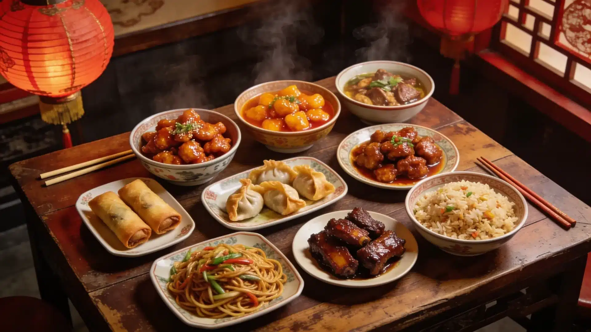 chinese takeout spread with orange chicken, dumplings, egg rolls, fried rice, noodles, barbecue ribs on restaurant table