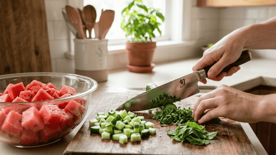  chopping cucumber and fresh mint on a wooden cutting board beside a bowl of watermelon cubes in a bright kitchen